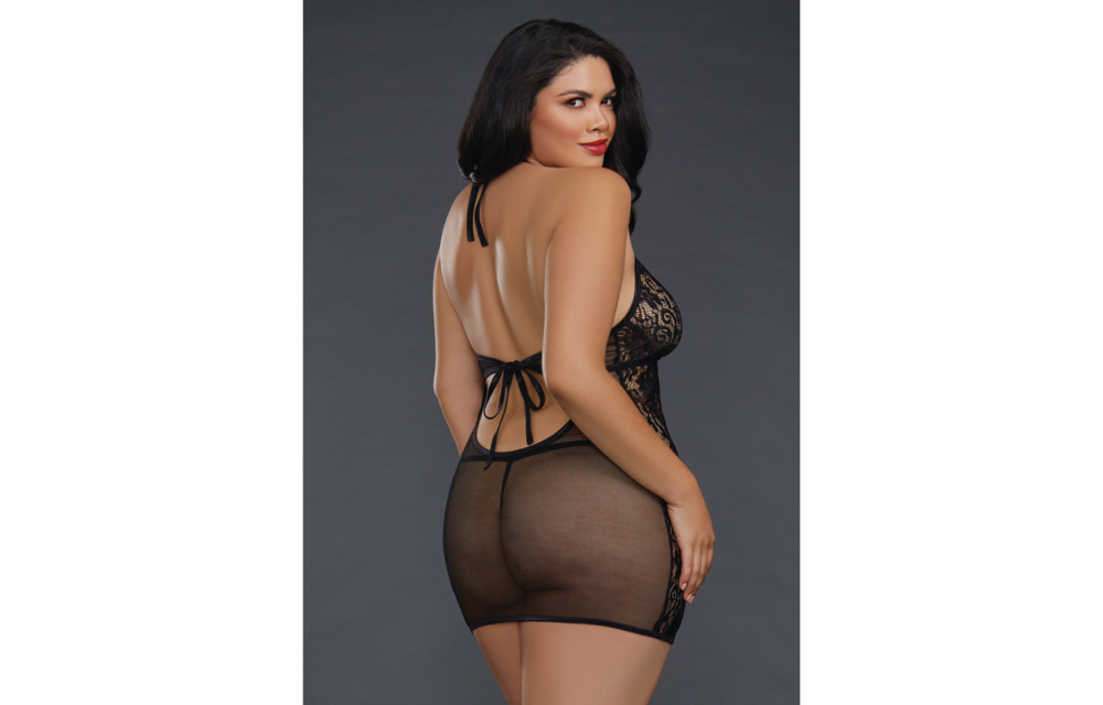 Elegant Fishnet & Lace Chemise Plus Size | Dreamgirl Black