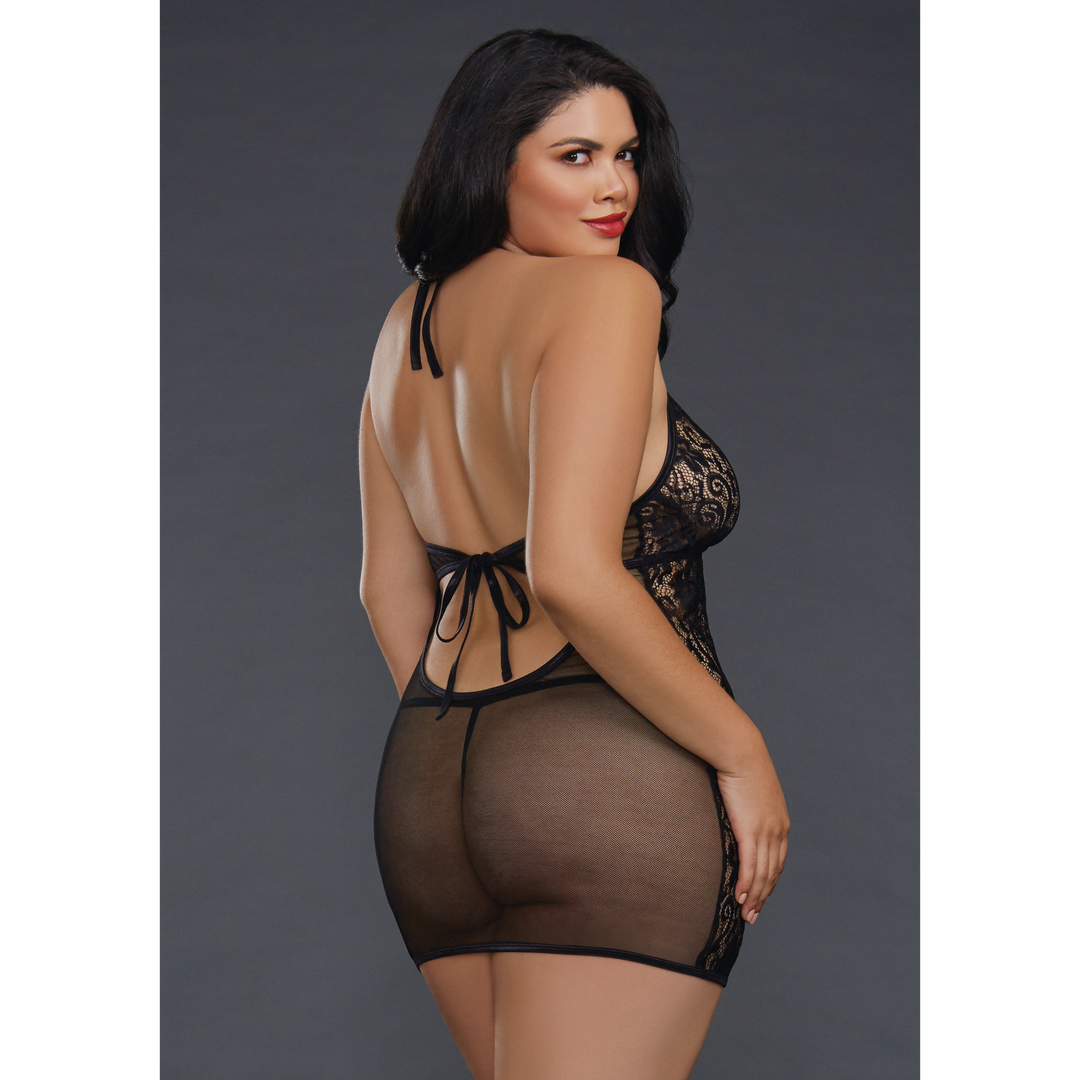 Elegantes Netz- & Spitzen-Chemise in Übergröße | Dreamgirl Schwarz