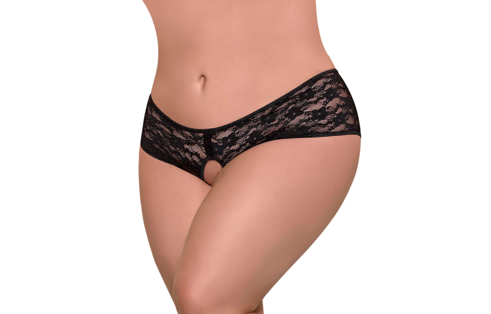 Spitzen-Boy-Shorts mit geteiltem Rücken – 2X – Schwarz