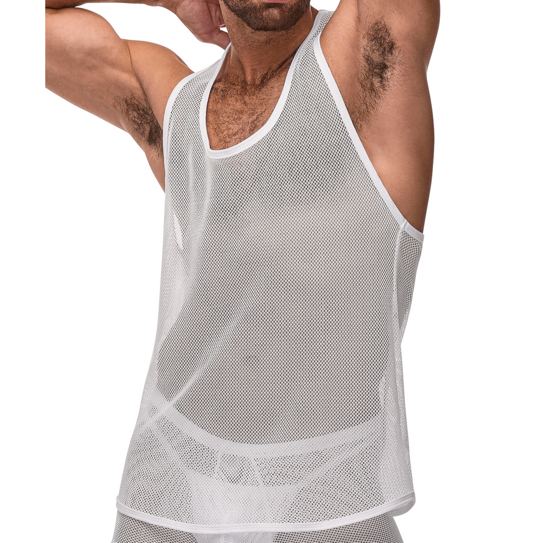 Tanktop S/M Weiß Male Power – Stretch-Netz-Racerback-Top