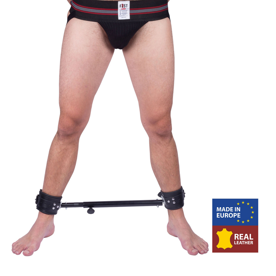 Adjustable Metal Spreader Bar with Leather Cuff - 35 to 60 cm - Black