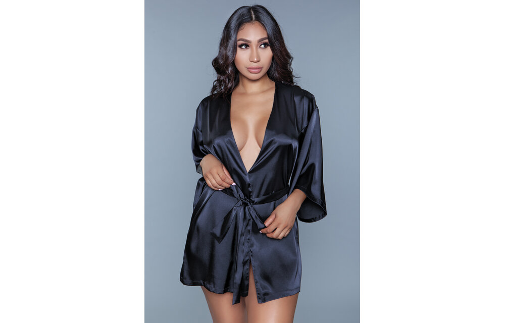 Amora Kimono Zwart M | Satijn & Kant Hart Detail | Bewicked