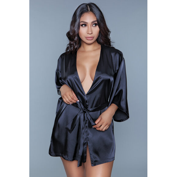 Amora Satin Kimono Black | Romantic Lace & Elegant