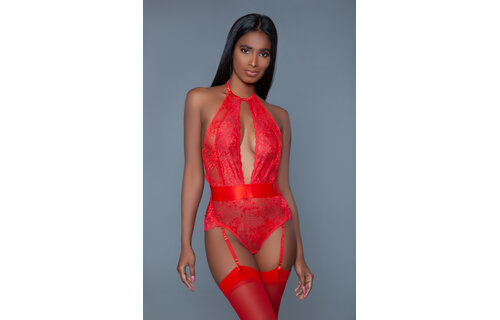 Ophelia Bodysuit Red | Luxurious Satin & Seductive Suspender Straps