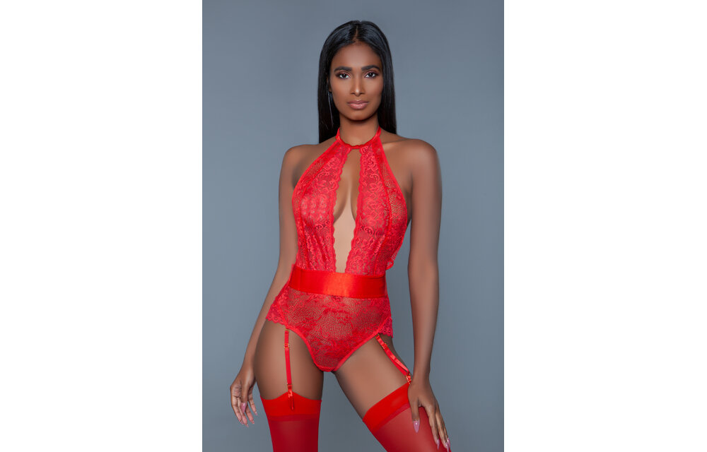Ophelia Bodysuit Rd/L Rot | Luxuriöser Satin & abnehmbare Strumpfhalter