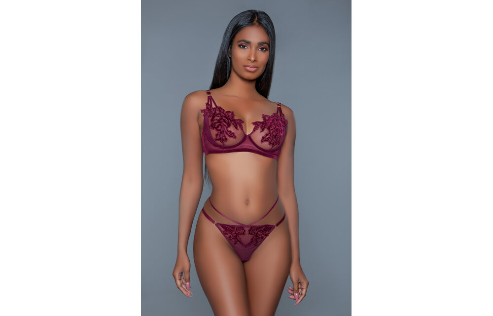 Evangeline Dessous-Set Burgunderrot | Elegantes Mesh & Blumenapplikationen