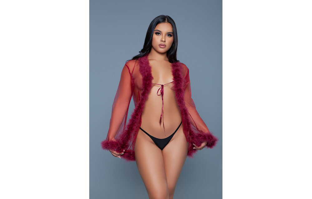 Chic Short Chiffon Kimono Burgundy With Faux Fur | Bewicked