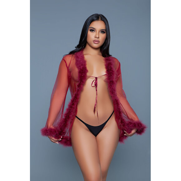 Chique Korte Chiffon Kimono Burgundy Met Imitatiebont | Bewicked