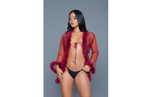 Chique Korte Chiffon Kimono Burgundy Met Imitatiebont | Bewicked