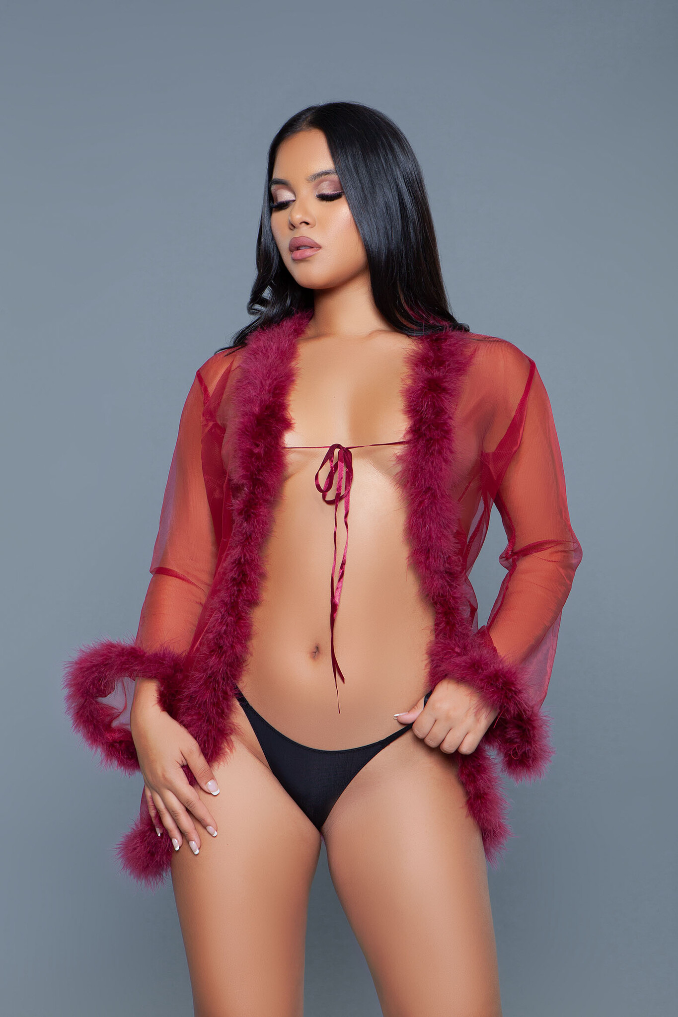 Chic Short Chiffon Kimono Burgundy With Faux Fur | Bewicked