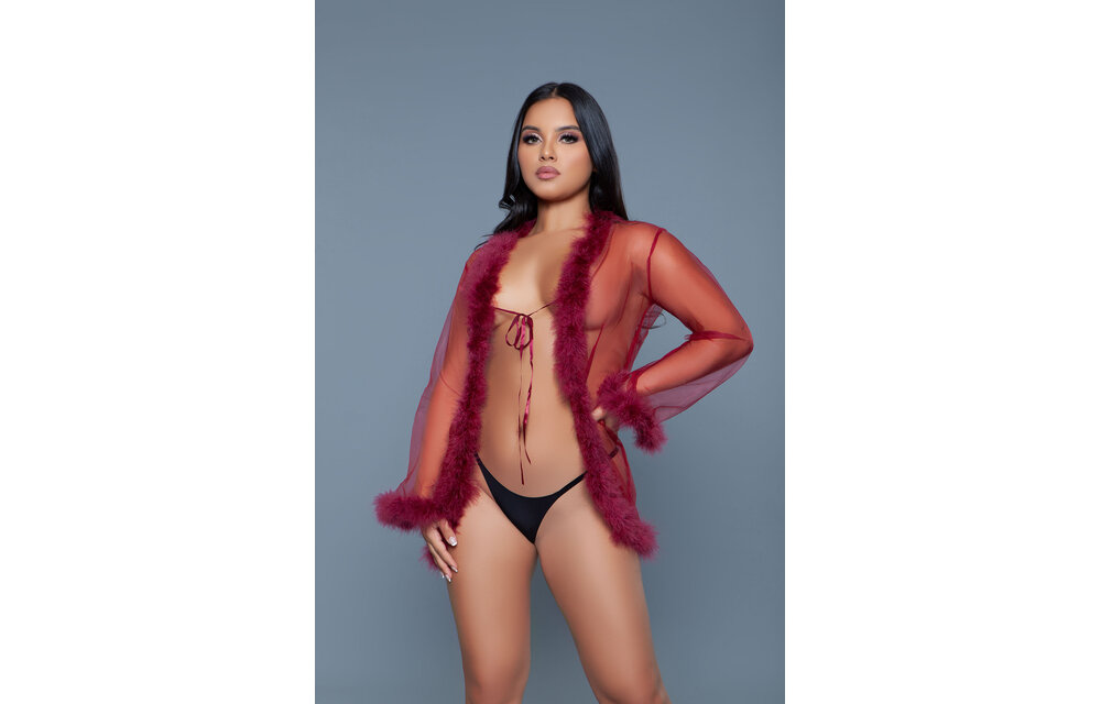 Chic Short Chiffon Kimono Burgundy With Faux Fur | Bewicked