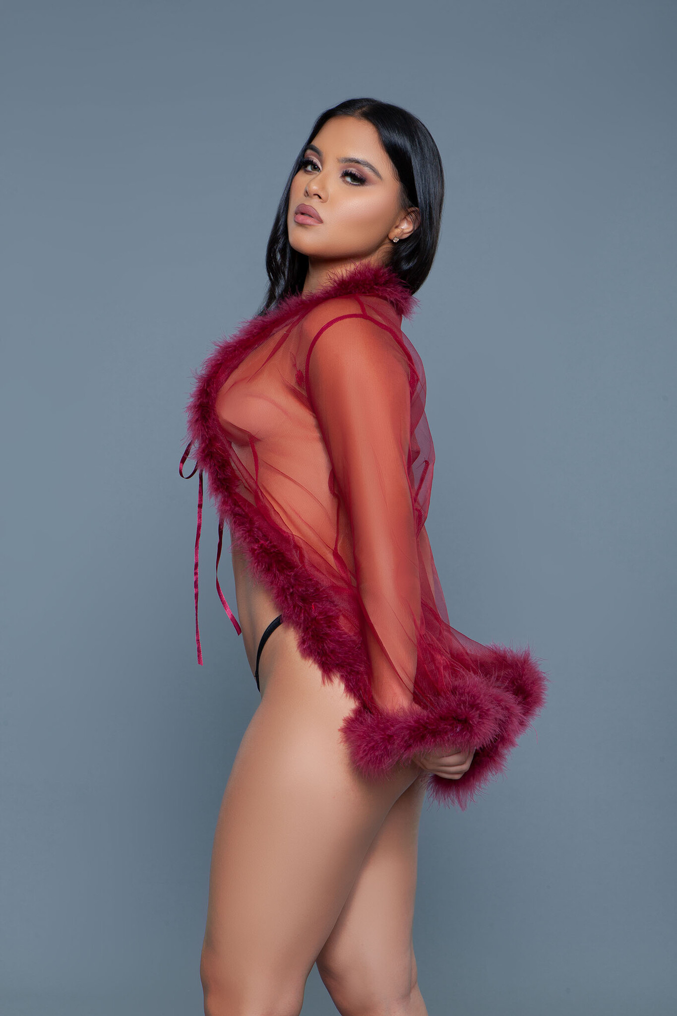 Chic Short Chiffon Kimono Burgundy With Faux Fur | Bewicked