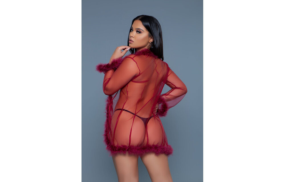 Chique Korte Chiffon Kimono Burgundy Met Imitatiebont | Bewicked