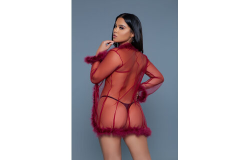 Chic Short Chiffon Kimono Burgundy With Faux Fur | Bewicked