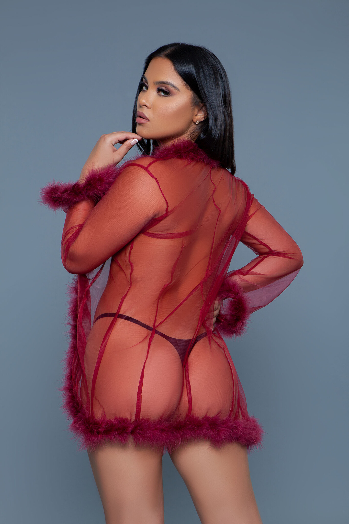 Chique Korte Chiffon Kimono Burgundy Met Imitatiebont | Bewicked