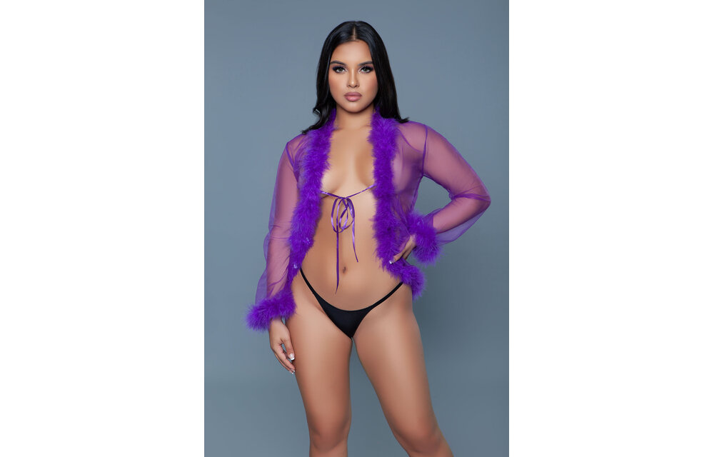 Chique Korte Chiffon Kimono Paars Met Imitatiebont | Bewicked