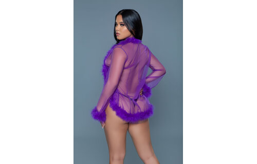 Chic kurzer Chiffon-Kimono in Lila mit Kunstfell | Bewicked