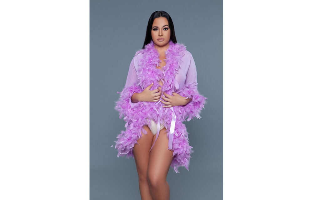 Lux Robe Lav – Kurzer Chiffon-Kimono mit Federboa Lilla