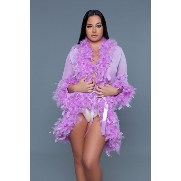 Lux Robe Lav – Short Chiffon Kimono With Feather Boa Lilla