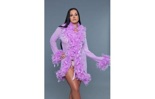 Lux Robe Lav – Korte Chiffon Kimono Met Veren Boa Lilla