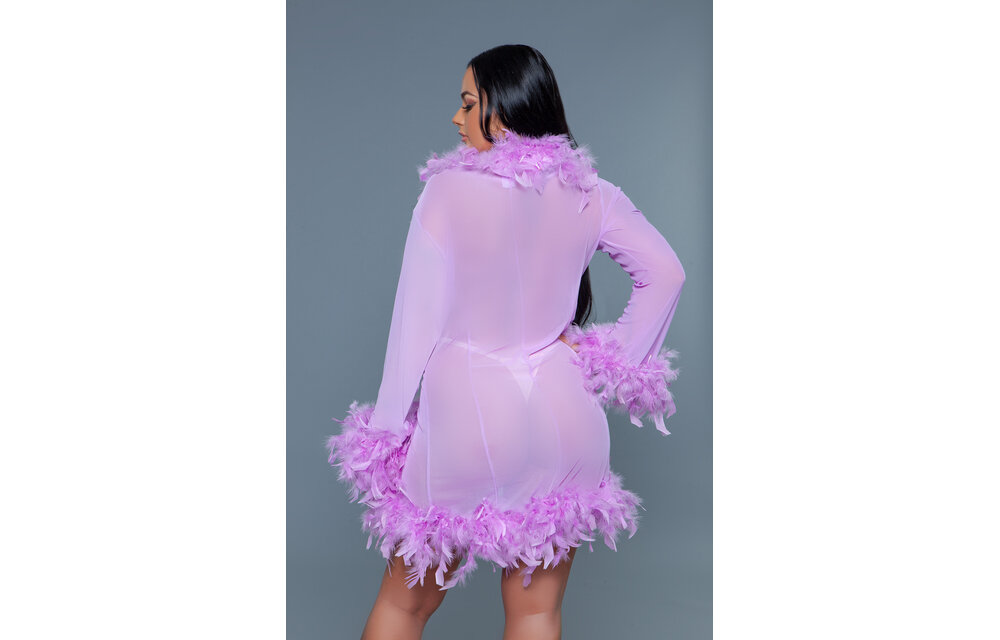 Lux Robe Lav – Korte Chiffon Kimono Met Veren Boa Lilla