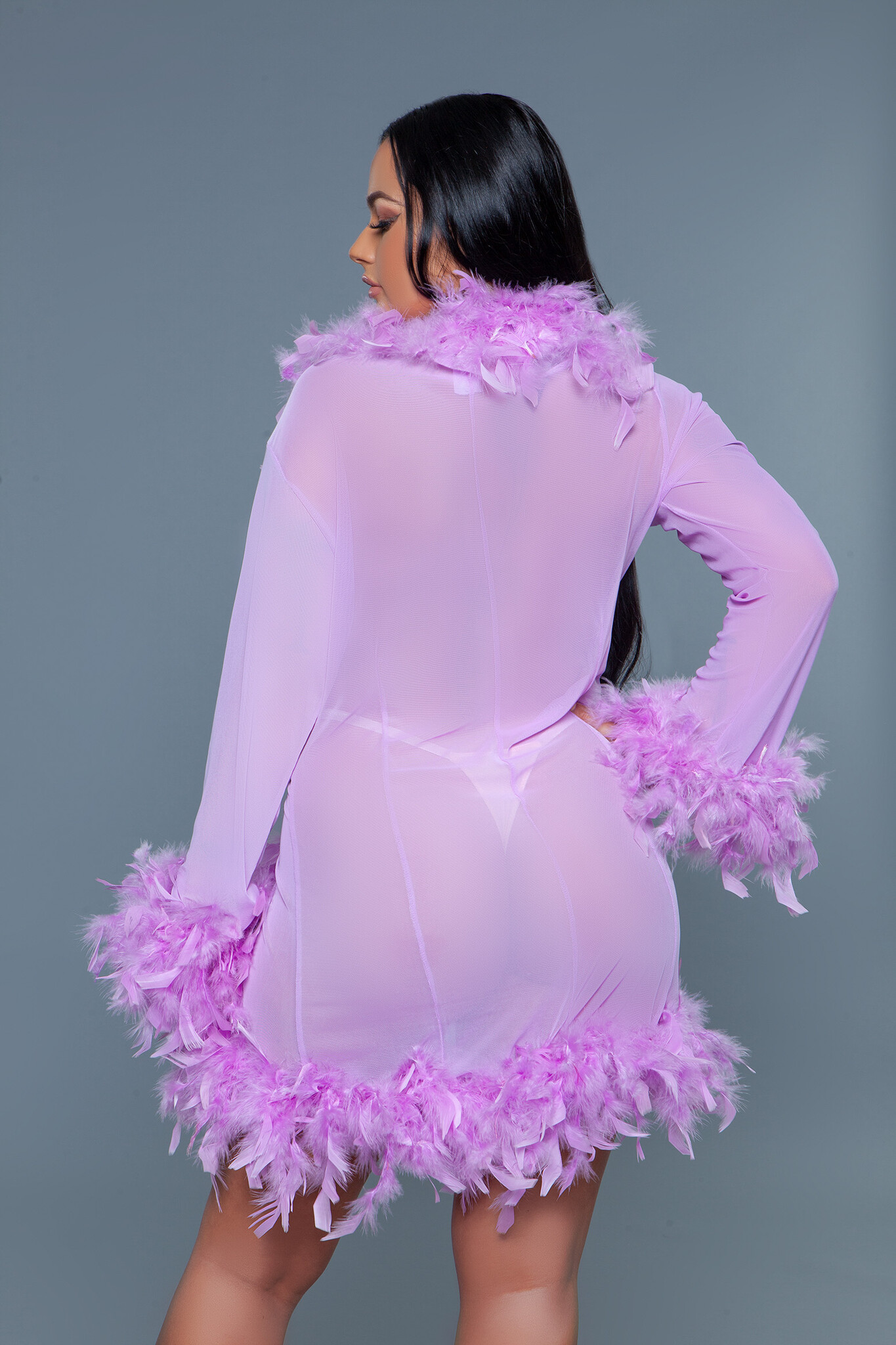 Lux Robe Lav – Korte Chiffon Kimono Met Veren Boa Lilla