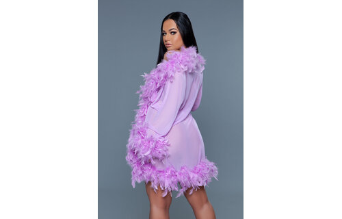 Lux Robe Lav – Short Chiffon Kimono With Feather Boa Lilla