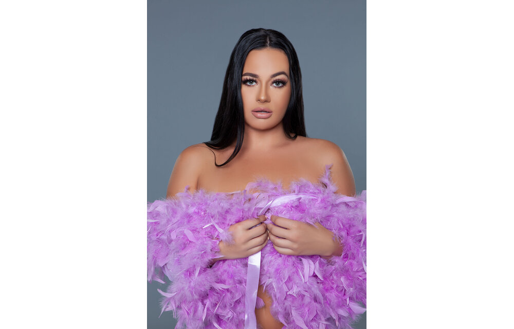 Lux Robe Lav – Korte Chiffon Kimono Met Veren Boa Lilla