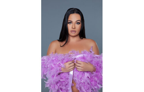 Lux Robe Lav – Short Chiffon Kimono With Feather Boa Lilla