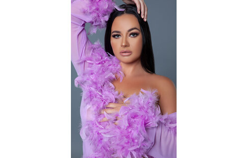 Lux Robe Lav – Korte Chiffon Kimono Met Veren Boa Lilla