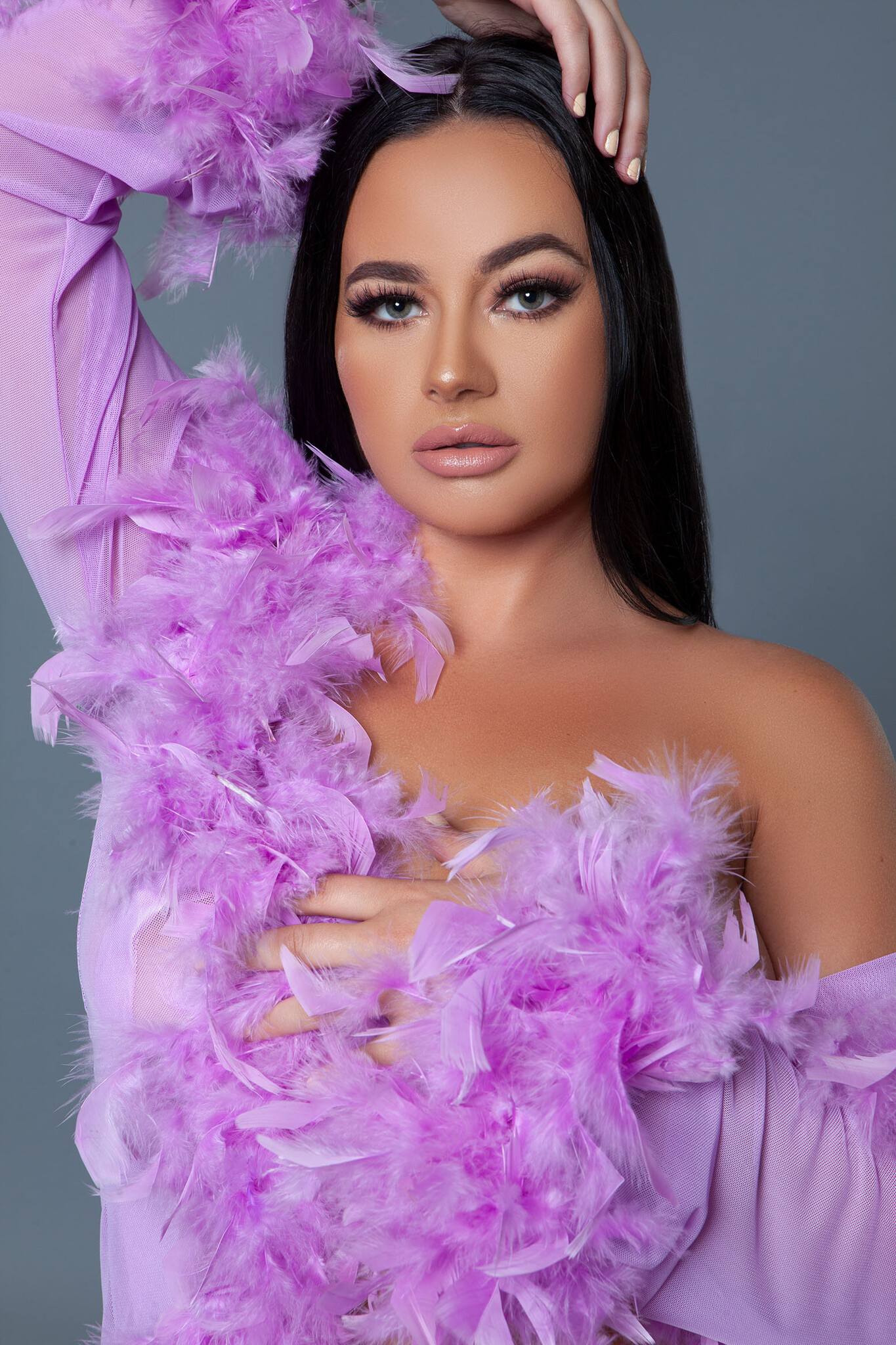 Lux Robe Lav – Short Chiffon Kimono With Feather Boa Lilla