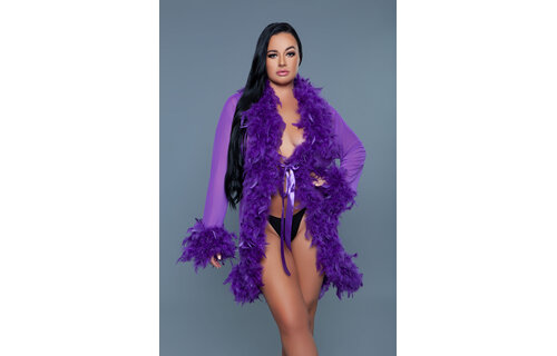 Lux Robe Vi / Os – Eleganter lila Chiffon-Kimono mit Federboa