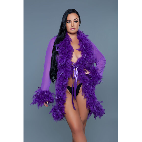 Lux Robe Vi / Os – Elegant Purple Chiffon Kimono With Feather Boa