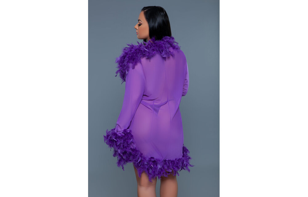 Lux Robe Vi / Os – Elegant Purple Chiffon Kimono With Feather Boa