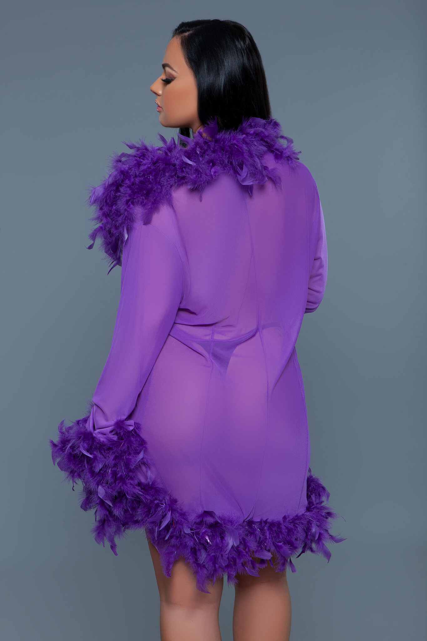 Lux Robe Vi / Os – Elegant Purple Chiffon Kimono With Feather Boa