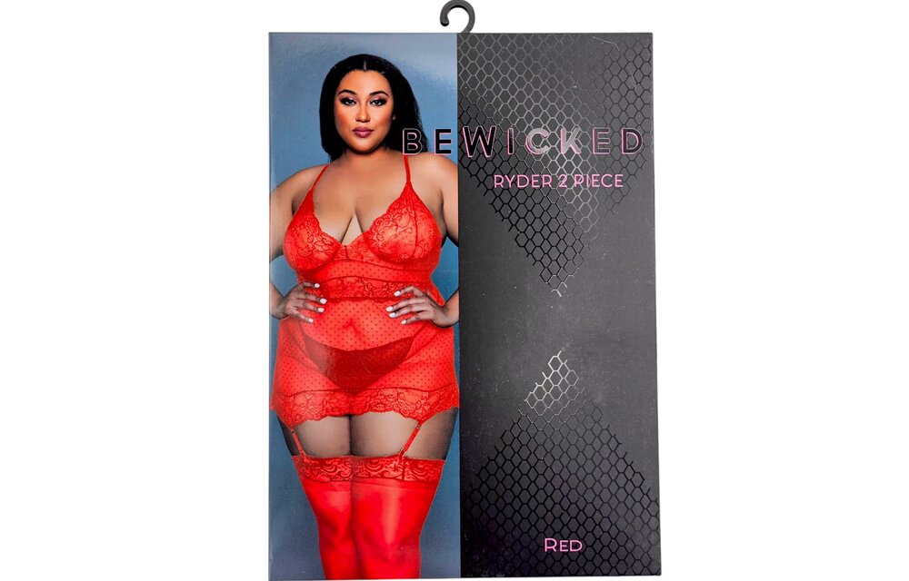 Ryder rotes Spitzen-Chemise-Set mit Polkadots und Strumpfhaltern