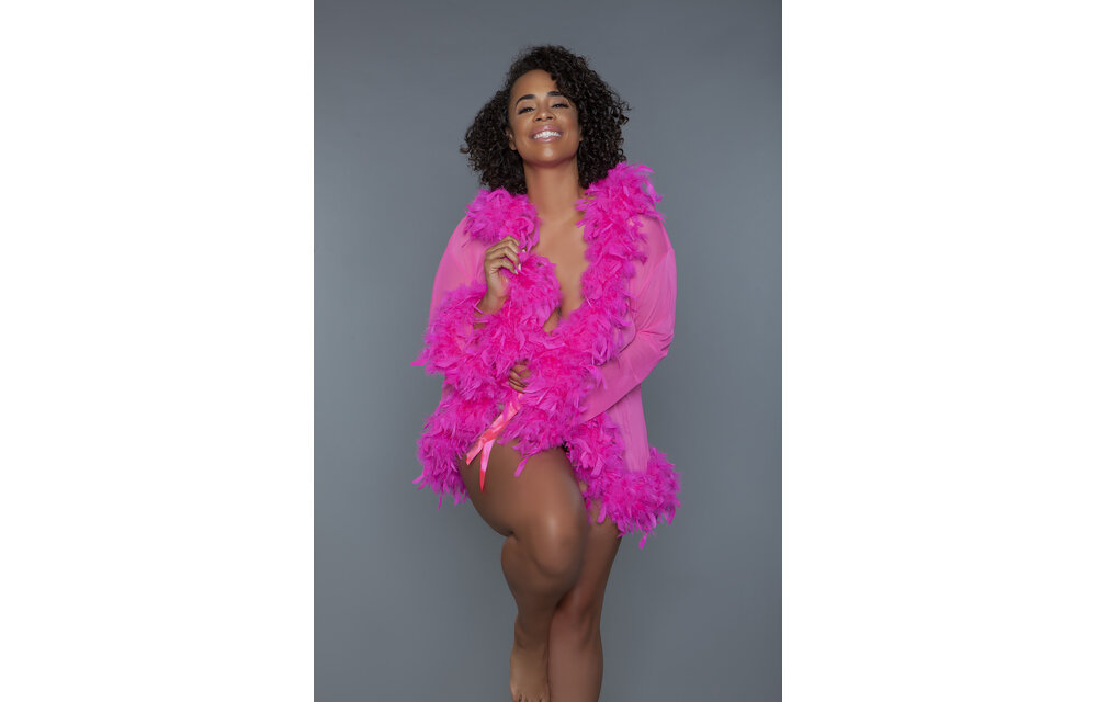 Luxurious Pink Short Chiffon Kimono With Feather Boa | Bewicked