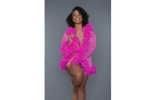 Luxueuze Roze Korte Chiffon Kimono Met Veren Boa | Bewicked
