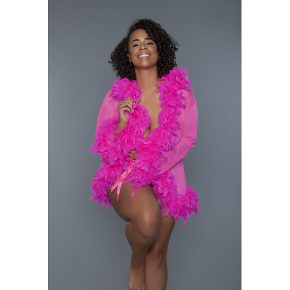 Luxueuze Roze Korte Chiffon Kimono Met Veren Boa | Bewicked