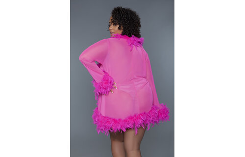 Luxurious Pink Short Chiffon Kimono With Feather Boa | Bewicked