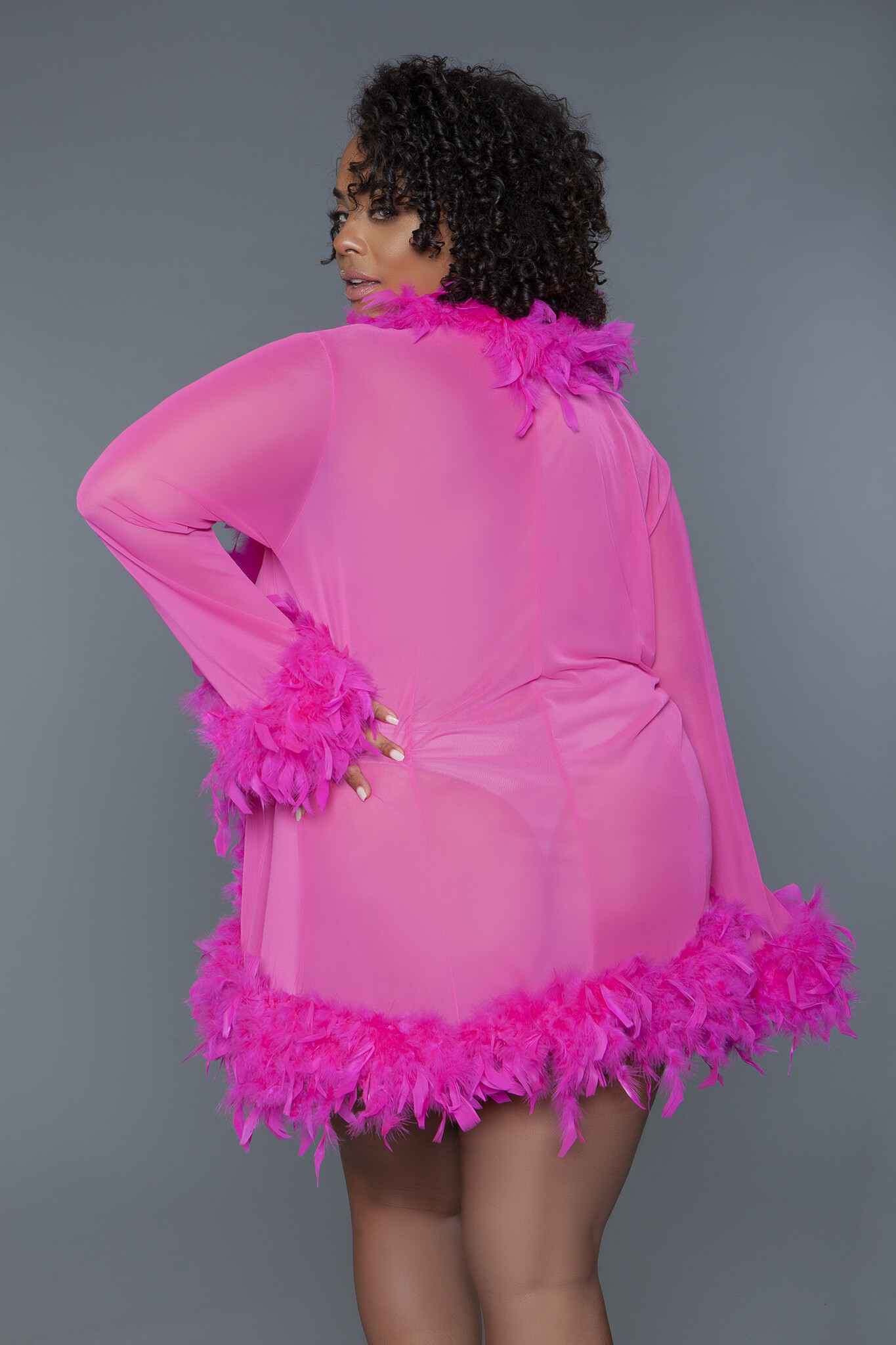 Luxurious Pink Short Chiffon Kimono With Feather Boa | Bewicked