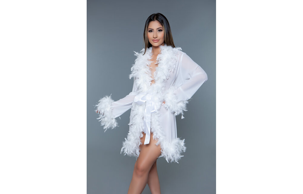 Lux Robe Wh – Short White Chiffon Kimono With Feather Boa