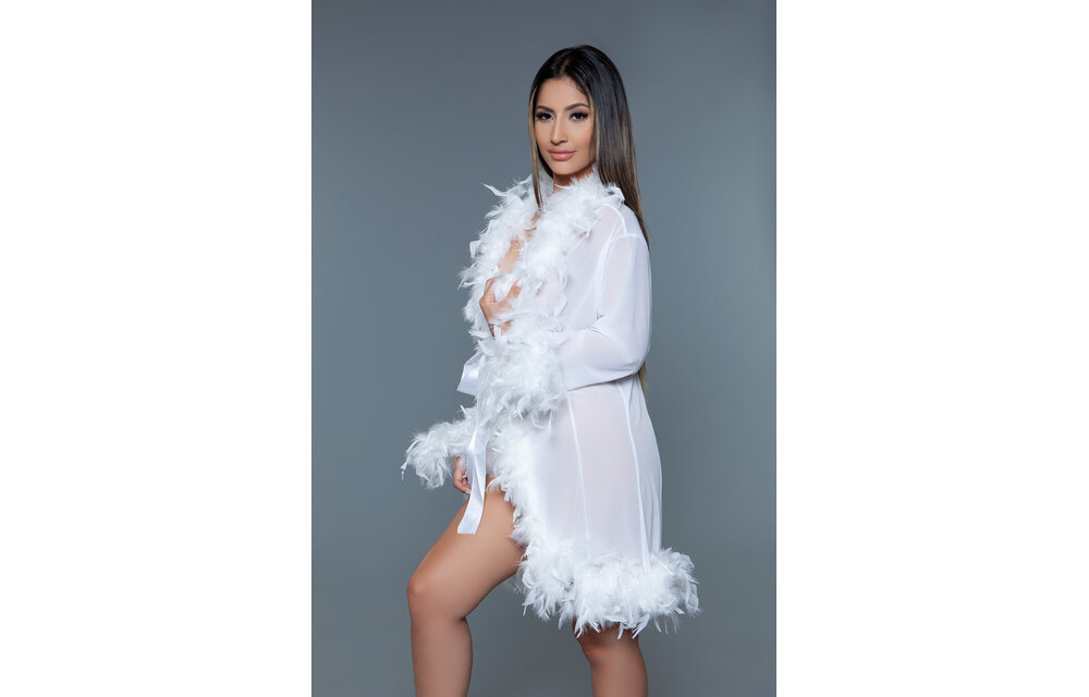 Lux Robe Wh – Short White Chiffon Kimono With Feather Boa