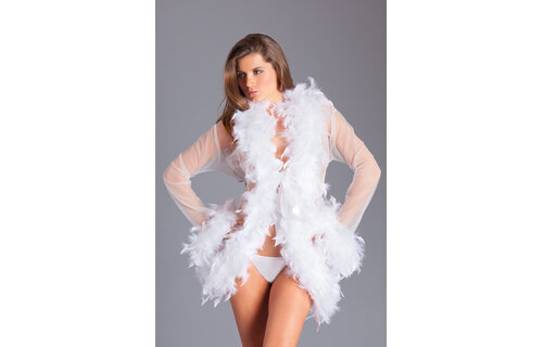 Lux Robe Wh - Korte Witte Chiffon Kimono Met Veren Boa
