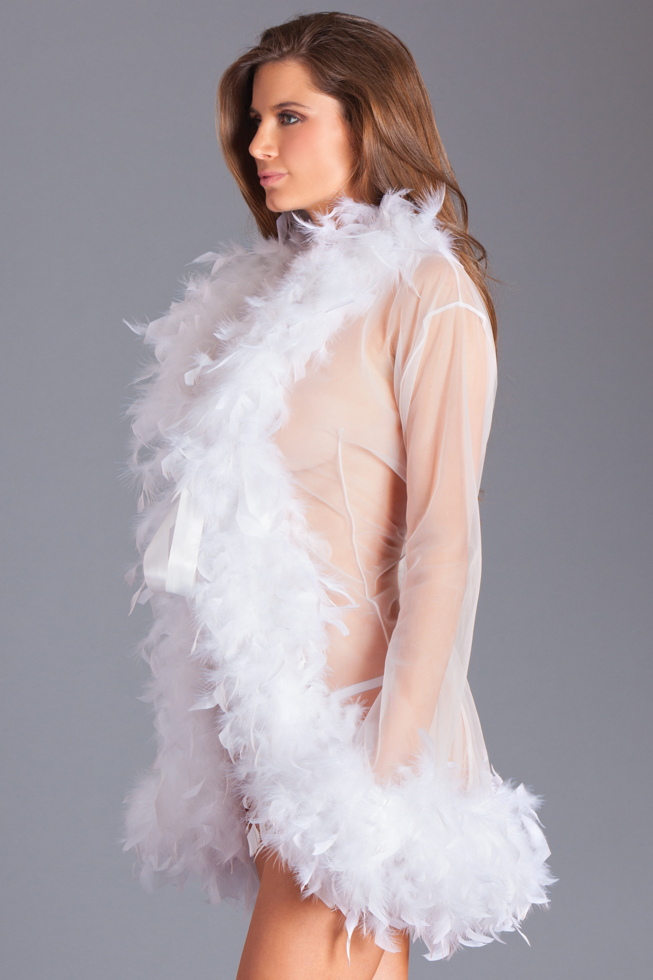 Lux Robe Wh – Short White Chiffon Kimono With Feather Boa