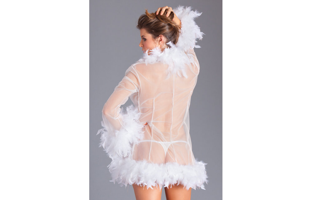 Lux Robe Wh – Kurzer weißer Chiffon-Kimono mit Federboa