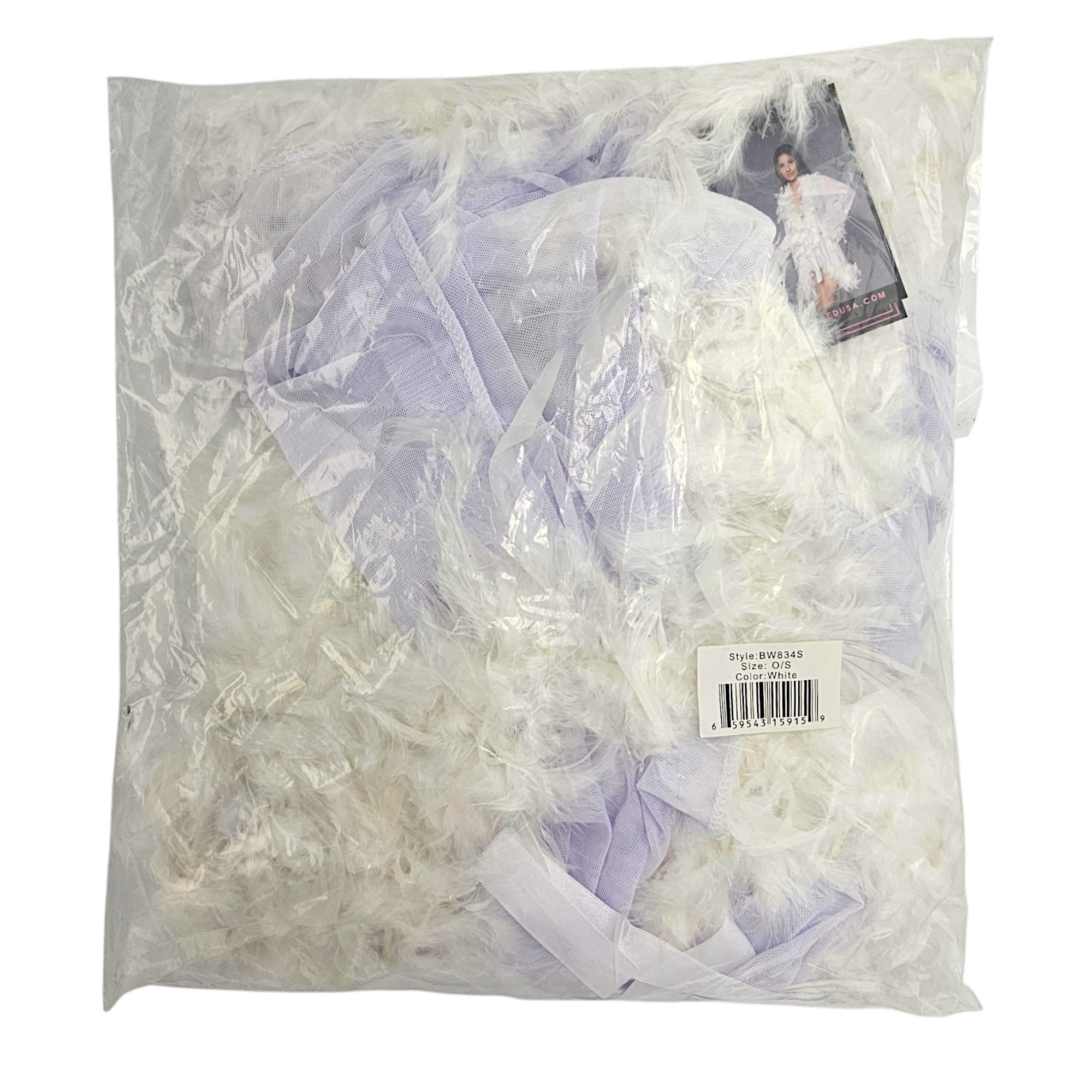 Lux Robe Wh - Korte Witte Chiffon Kimono Met Veren Boa