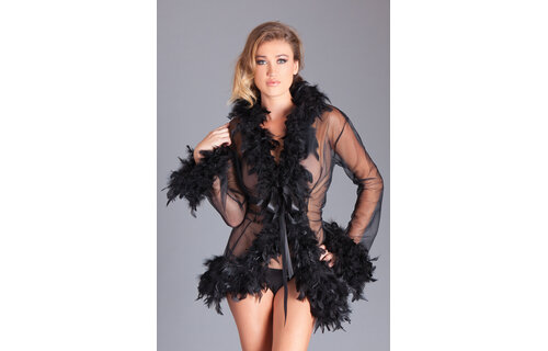 Lux Robe Blk – Luxuriöser kurzer schwarzer Chiffon-Kimono mit Federboa