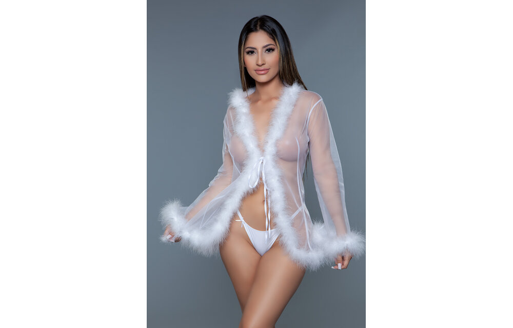 Kurzer Chiffon-Kimono in Weiß mit Kunstfell – Elegant & Chic