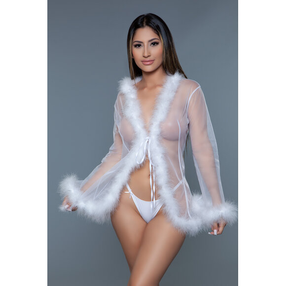 Short Chiffon Kimono White With Faux Fur – Elegant & Chic